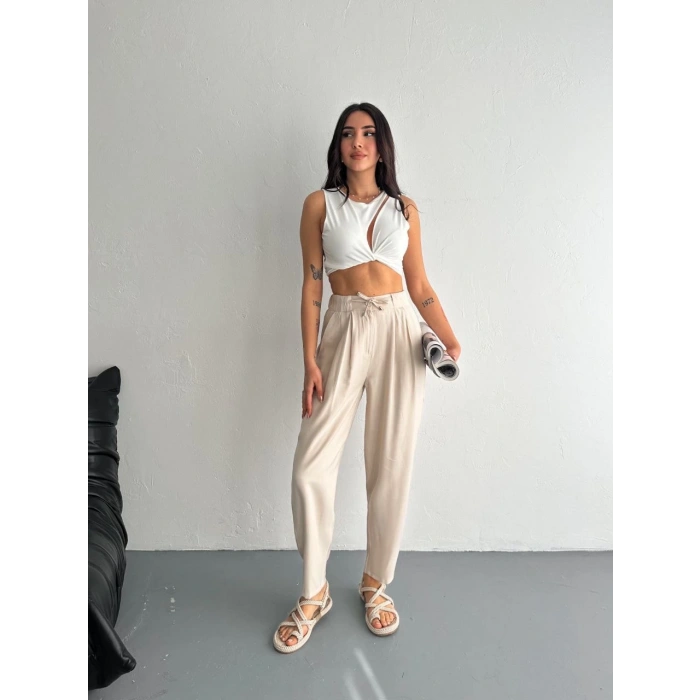 Kadın Yüksel Bel Beli Bağcıklı Rahat Boru Paça Pantalon - Kırık Beyaz