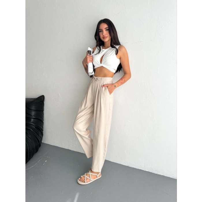 Kadın Yüksel Bel Beli Bağcıklı Rahat Boru Paça Pantalon - Kırık Beyaz