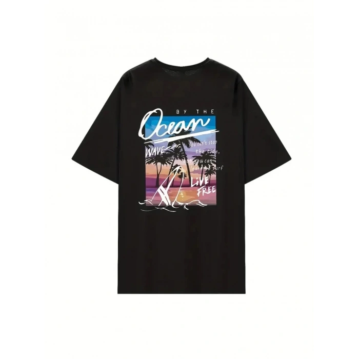 Kadınlar İçin Geniş Kesim Tişört - Kısa Kollu, Bol Kesim, Manzaralı Okyanus Baskı, Günlük Yazlık Üst, Siyah- Siyah