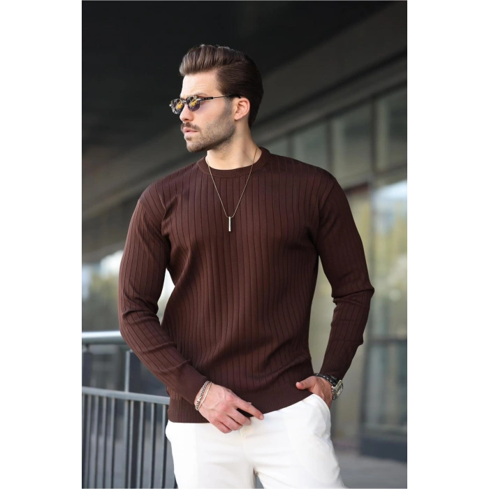 Kahverengi Bisiklet Yaka Çizgili Uzun Kollu Kazak E7273