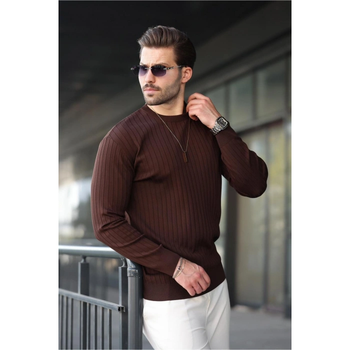 Kahverengi Bisiklet Yaka Çizgili Uzun Kollu Kazak E7273