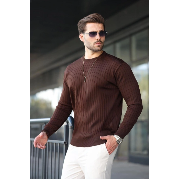 Kahverengi Bisiklet Yaka Çizgili Uzun Kollu Kazak E7273