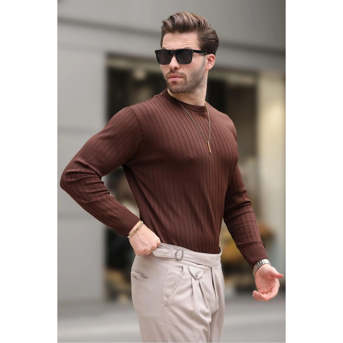 Kahverengi Bisiklet Yaka Çizgili Uzun Kollu Kazak E7273