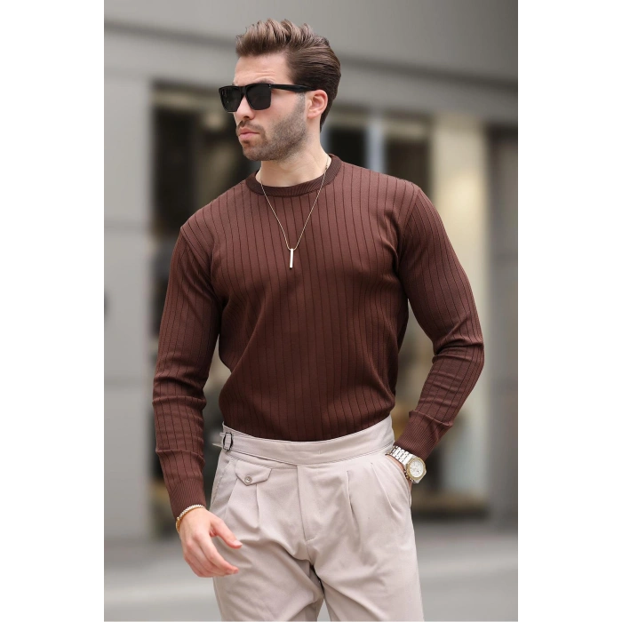 Kahverengi Bisiklet Yaka Çizgili Uzun Kollu Kazak E7273