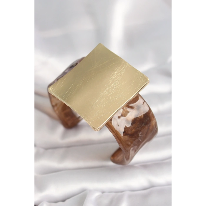 Kahverengi Mermer Desen Akrilik Plastik Gold Kare Plaka Model Vintage Kadın Bilezik