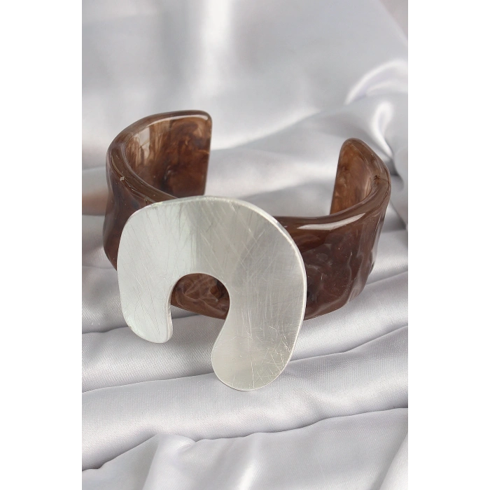 Kahverengi Mermer Desen Akrilik Plastik Gümüş Plaka Model Vintage Kadın Bilezik