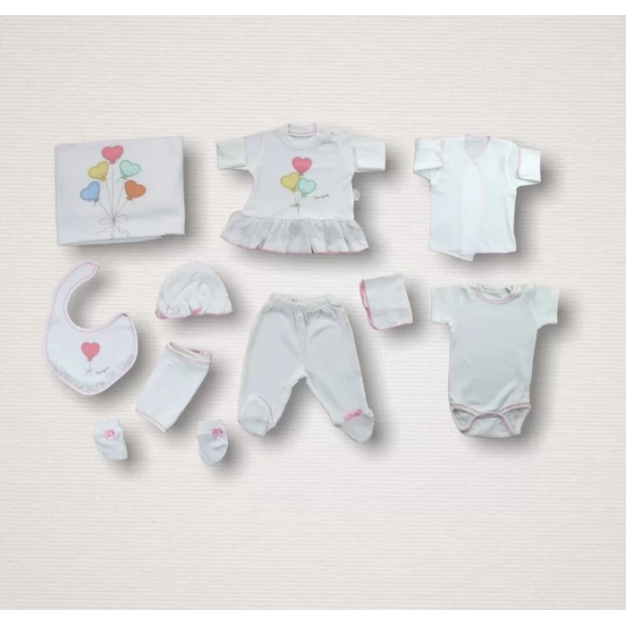 Kalpli Uçan Balon Nakışlı  10Lu Zıbın Takımı Hastane Çıkışı Ekru