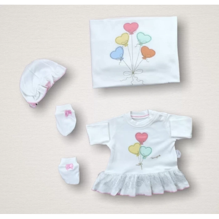 Kalpli Uçan Balon Nakışlı  10Lu Zıbın Takımı Hastane Çıkışı Ekru