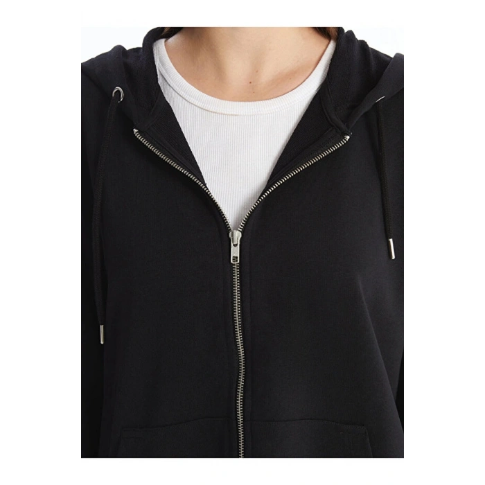 Kapüşonlu Düz Oversize Kadın Fermuarlı Sweatshirt