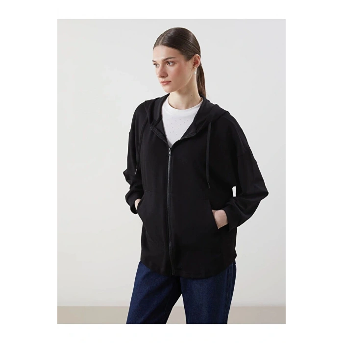 Kapüşonlu Oversize Kadın Fermuarlı Sweatshirt