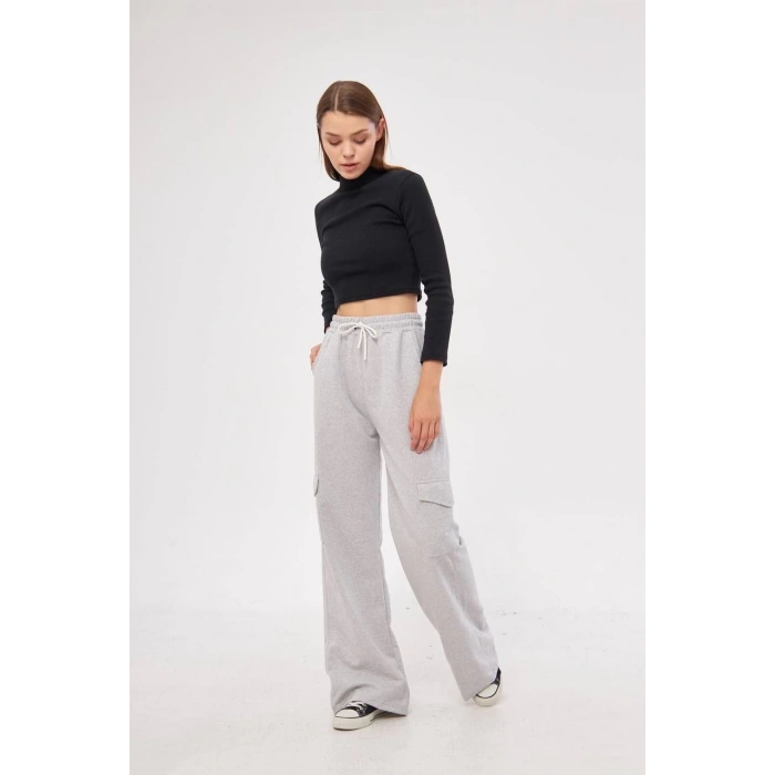 Kargo Cepli Palazzo Oversize Kesim İki iplik Bol Paça Eşofman Altı Pantalon - Gri