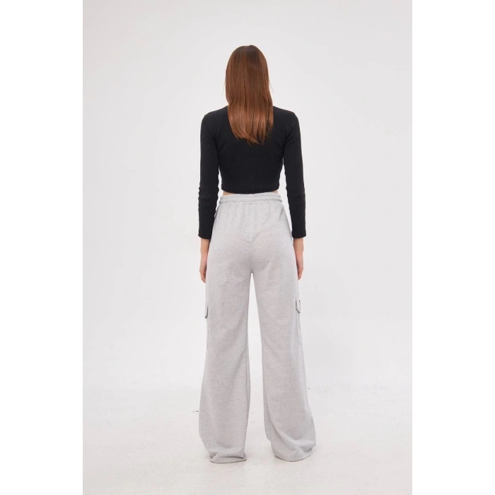 Kargo Cepli Palazzo Oversize Kesim İki iplik Bol Paça Eşofman Altı Pantalon - Gri