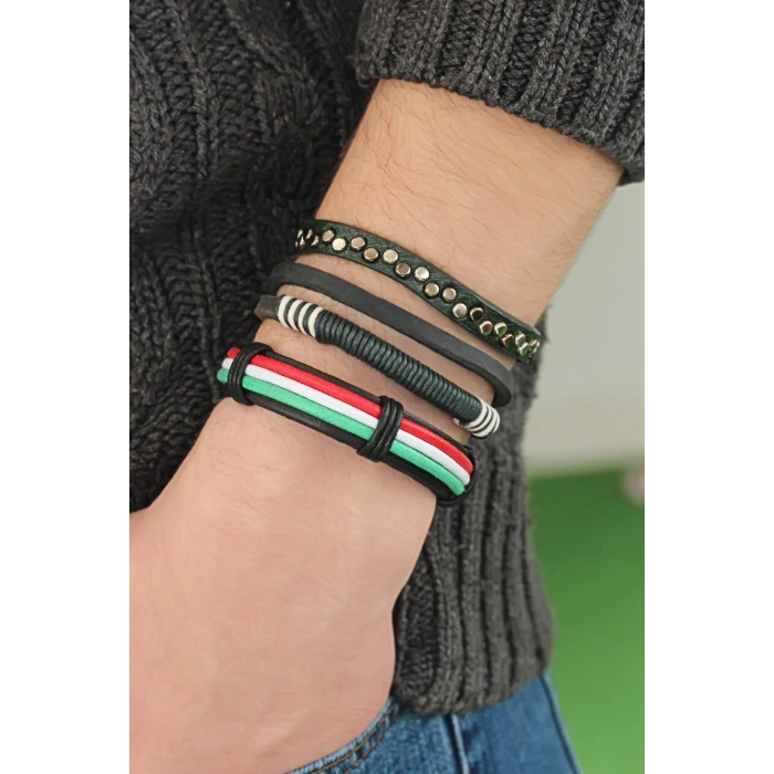 Karışık Renkli Çoklu Deri Erkek Bileklik Kombin