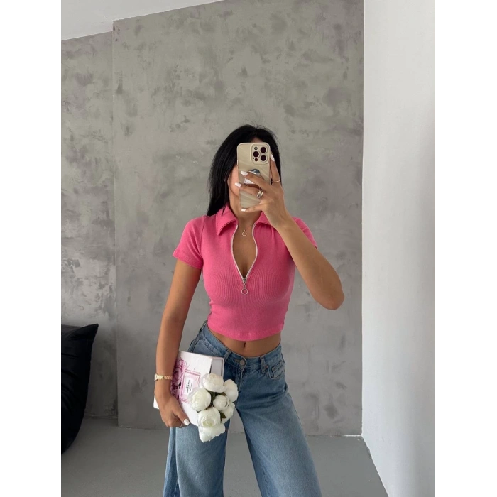 kaşkorse yaka fermuarlı bluz fuşya