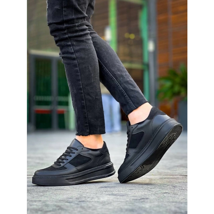 KB-X8 Kuback Siyah Cilt Siyah Süet  Detaylı Siyah Yüksek Taban Günlük Spor Ayakkabı