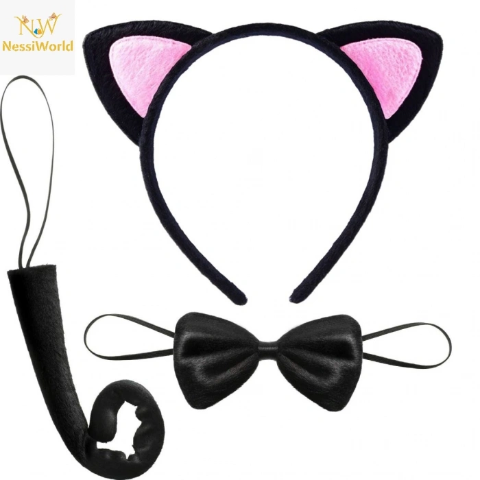 Kedi Kulak Taç Kuyruk ve Papyon 3 lü Set Çocuk Boy Pembe Renk