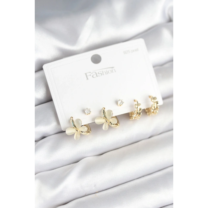 Kelebek Model Gold Renk Pirinç 925 Ayar Gümüş Çivili Kadın Küpe Seti