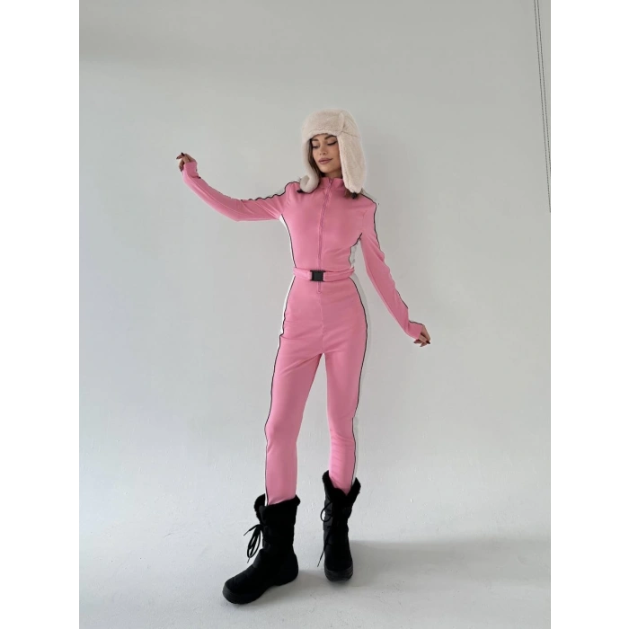 Kemer Detaylı Fermuarlı Tulum - Pembe