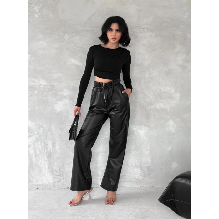 Kendinden ince kemerli deri pantolon siyah t1178