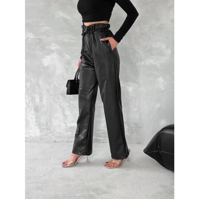 Kendinden ince kemerli deri pantolon siyah t1178