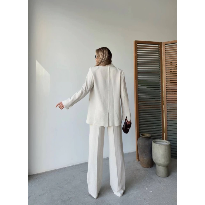 KETEN CEKET PANTOLON İLİK DÜĞMELİ UZUN KOLLU YIRTMAÇLI İKİLİ TAKIM - BEYAZ