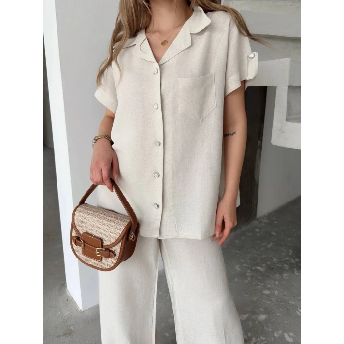 KETEN KISA KOLLU CEPLİ GÖMLEK PANTOLON İKİLİ TAKIM - BEYAZ