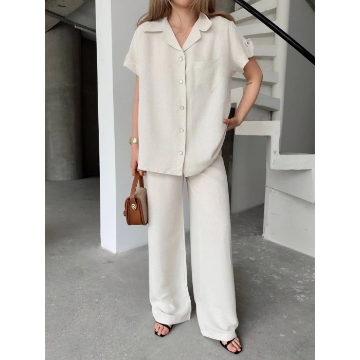 KETEN KISA KOLLU CEPLİ GÖMLEK PANTOLON İKİLİ TAKIM - BEYAZ