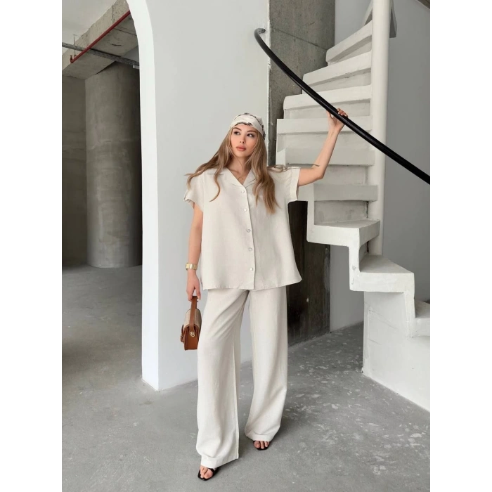 KETEN KISA KOLLU CEPLİ GÖMLEK PANTOLON İKİLİ TAKIM - BEYAZ