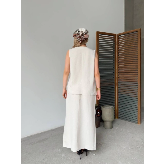 KETEN KOLSUZ SIFIR YAKA İLİK DÜĞMELİ KOLSUZ HIRKA ETEK İKİLİ TAKIM- BEYAZ