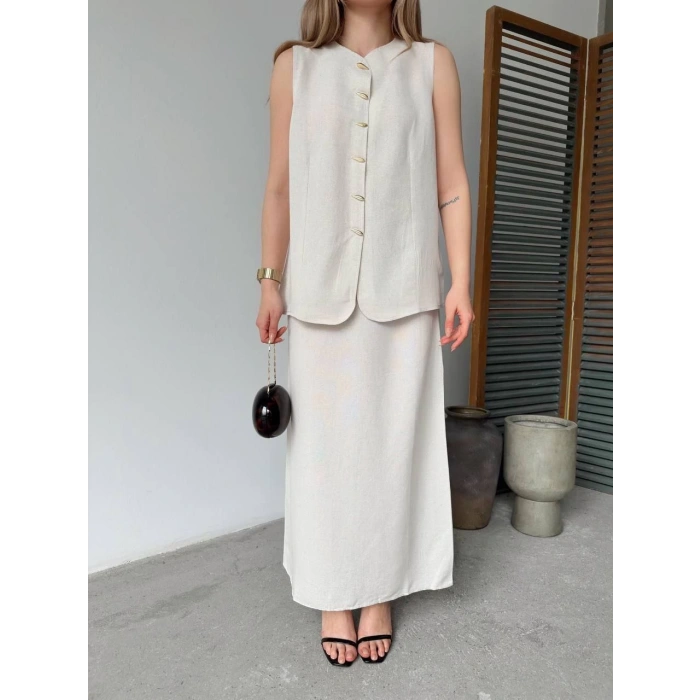 KETEN KOLSUZ SIFIR YAKA İLİK DÜĞMELİ KOLSUZ HIRKA ETEK İKİLİ TAKIM- BEYAZ