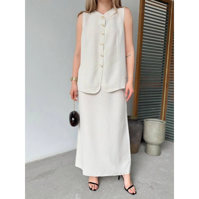 KETEN KOLSUZ SIFIR YAKA İLİK DÜĞMELİ KOLSUZ HIRKA ETEK İKİLİ TAKIM- BEYAZ