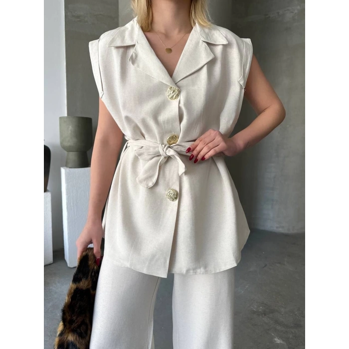 KETEN SIFIR KOL KUŞAKLI CEKET PANTOLON İKİLİ TAKIM - BEYAZ