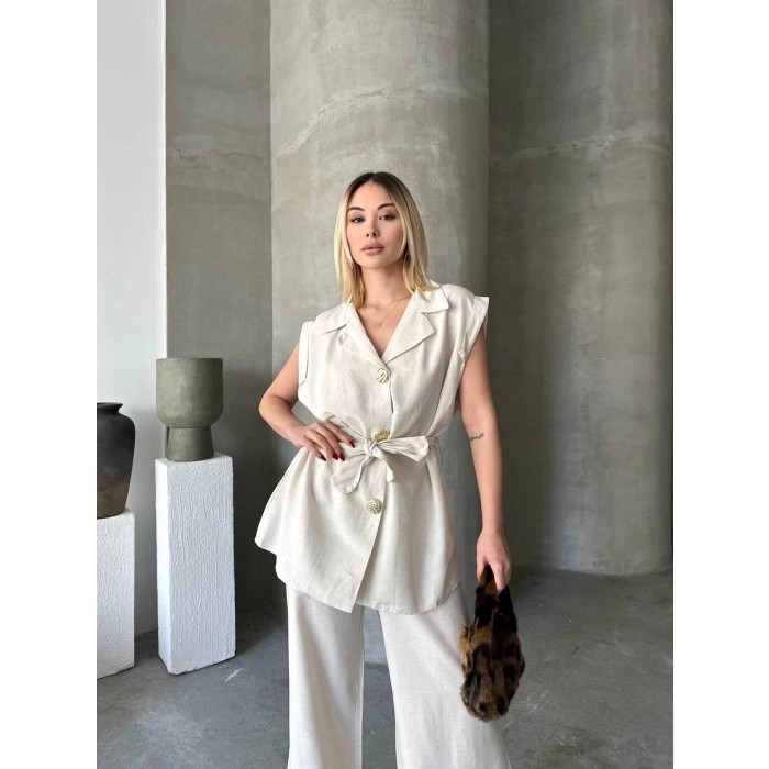 KETEN SIFIR KOL KUŞAKLI CEKET PANTOLON İKİLİ TAKIM - BEYAZ