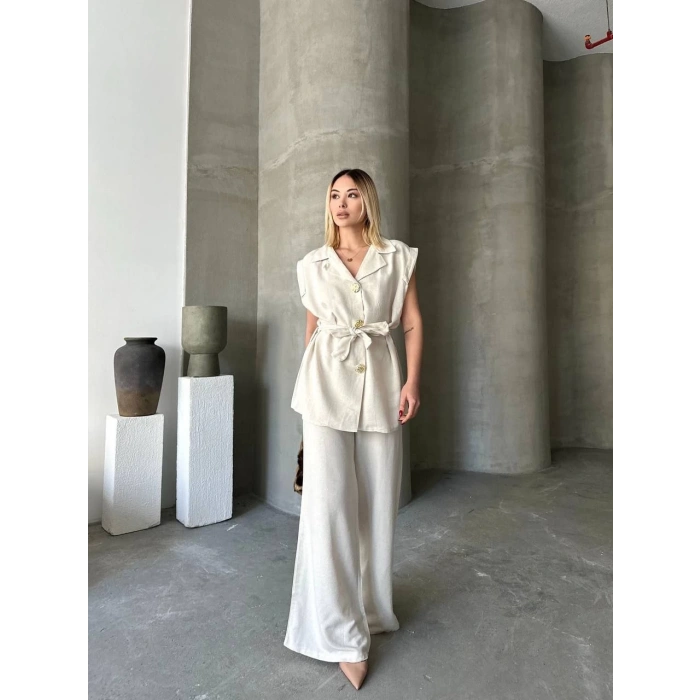 KETEN SIFIR KOL KUŞAKLI CEKET PANTOLON İKİLİ TAKIM - BEYAZ