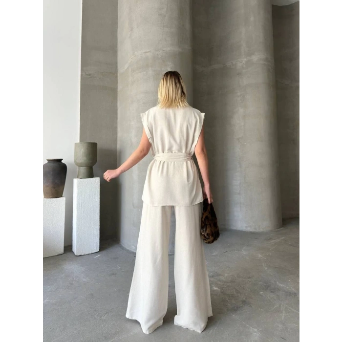 KETEN SIFIR KOL KUŞAKLI CEKET PANTOLON İKİLİ TAKIM - BEYAZ