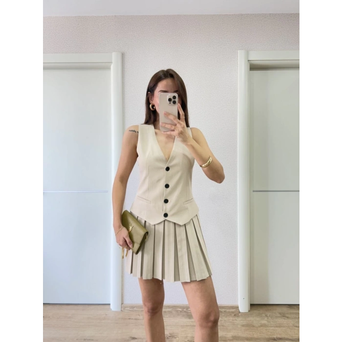 KETEN TAKIM GÖRÜNÜMLÜ DÜĞME DETAYLI YELEKLİ MİNİ ELBİSE - BEJ