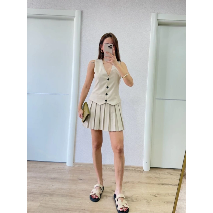 KETEN TAKIM GÖRÜNÜMLÜ DÜĞME DETAYLI YELEKLİ MİNİ ELBİSE - BEJ