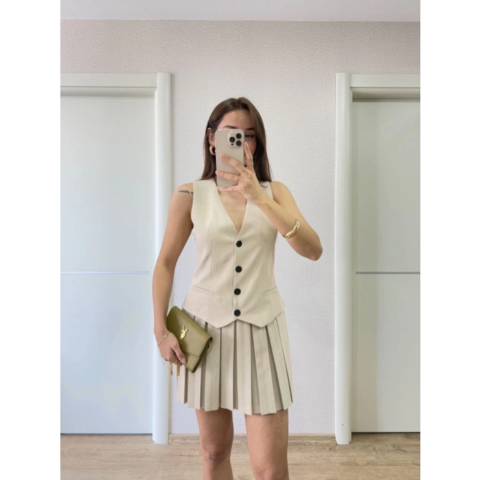 KETEN TAKIM GÖRÜNÜMLÜ DÜĞME DETAYLI YELEKLİ MİNİ ELBİSE - BEJ