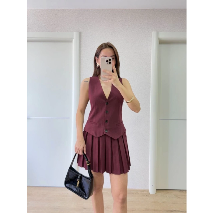 KETEN TAKIM GÖRÜNÜMLÜ DÜĞME DETAYLI YELEKLİ MİNİ ELBİSE - BORDO