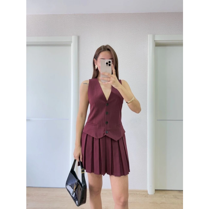 KETEN TAKIM GÖRÜNÜMLÜ DÜĞME DETAYLI YELEKLİ MİNİ ELBİSE - BORDO
