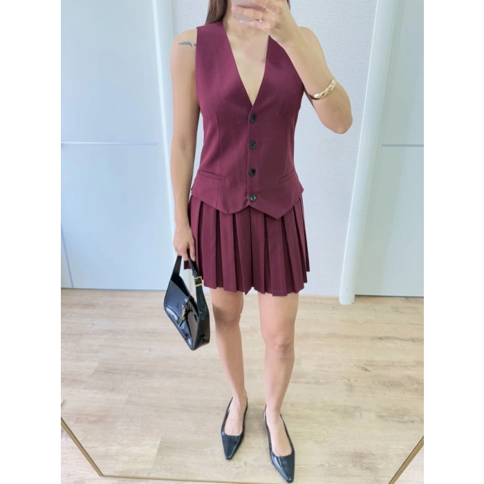 KETEN TAKIM GÖRÜNÜMLÜ DÜĞME DETAYLI YELEKLİ MİNİ ELBİSE - BORDO