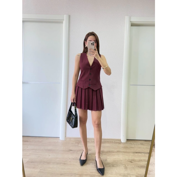 KETEN TAKIM GÖRÜNÜMLÜ DÜĞME DETAYLI YELEKLİ MİNİ ELBİSE - BORDO