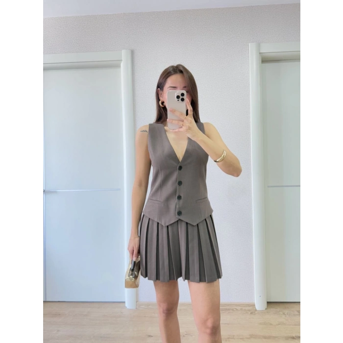 KETEN TAKIM GÖRÜNÜMLÜ DÜĞME DETAYLI YELEKLİ MİNİ ELBİSE - FÜME