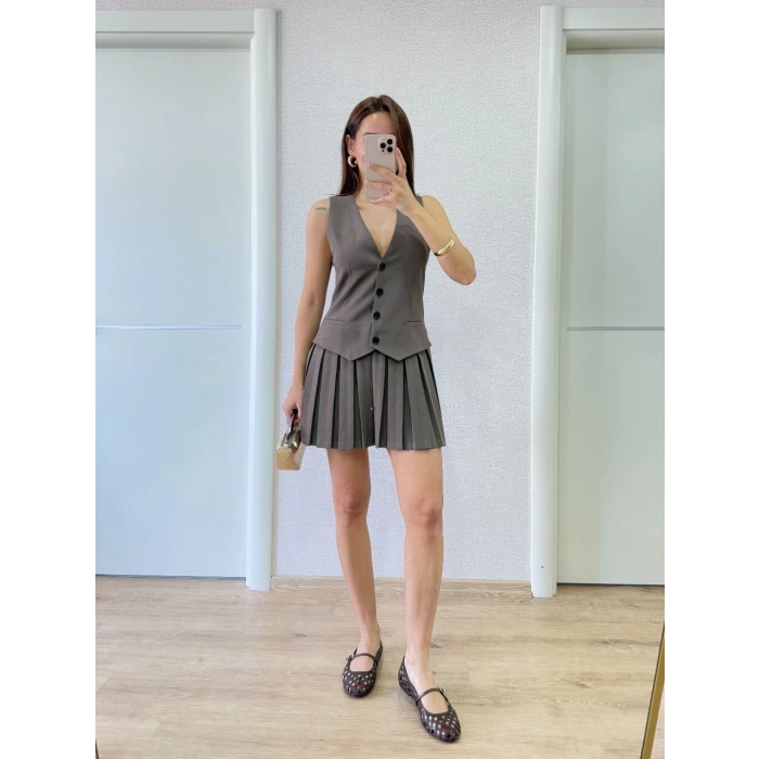 KETEN TAKIM GÖRÜNÜMLÜ DÜĞME DETAYLI YELEKLİ MİNİ ELBİSE - FÜME