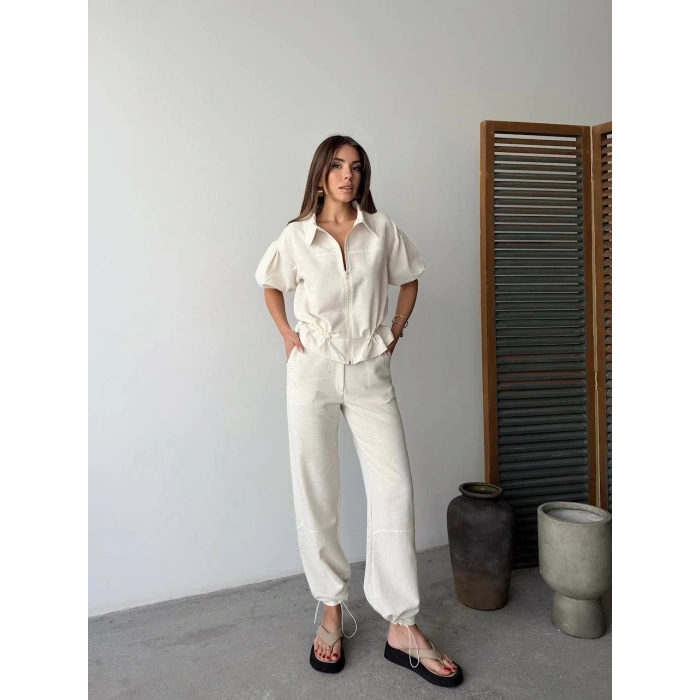 KETEN TAM FERMUARLI KISA KOLLU GÖMLEK PANTOLON İKİLİ TAKIM - BEYAZ