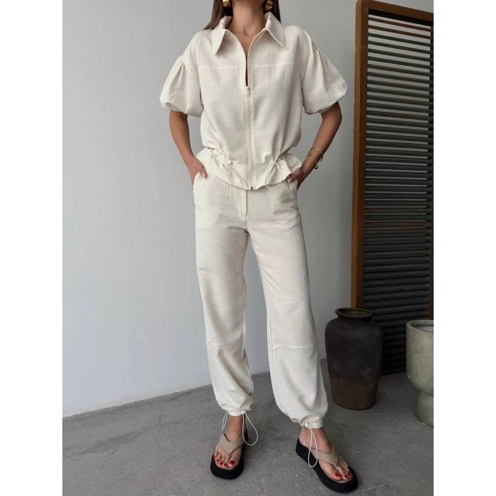 KETEN TAM FERMUARLI KISA KOLLU GÖMLEK PANTOLON İKİLİ TAKIM - BEYAZ