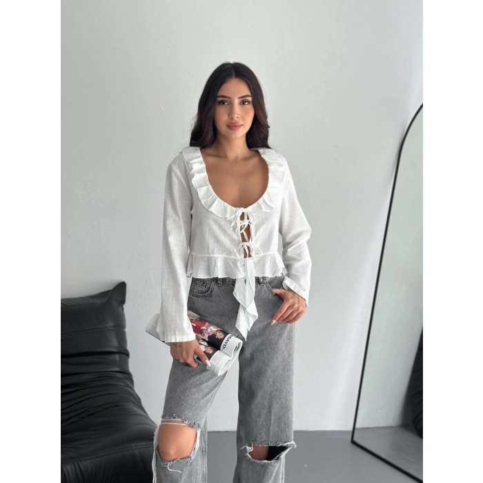Keten Uzun Kol Bağacık Detaylı Bluz - Beyaz