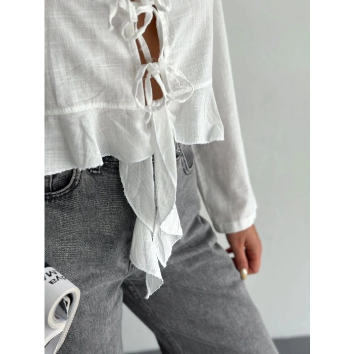 Keten Uzun Kol Bağacık Detaylı Bluz - Beyaz