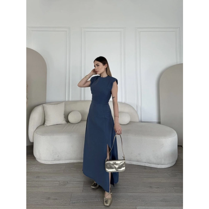 KETEN YANDAN YIRTMAÇLI UZUN ELBİSE SIFIR KOL ELBİSE - MAVİ