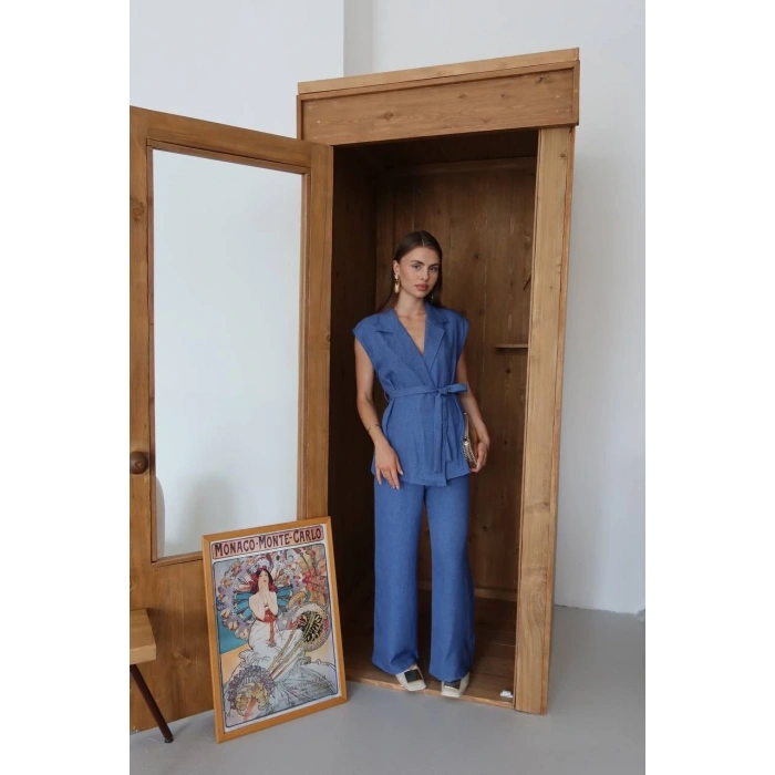 Keten yelek pantolon takım indigo pt